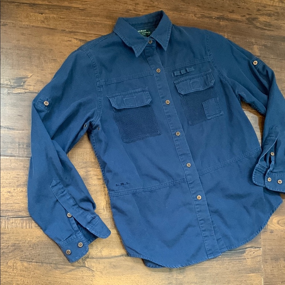 Lauren by Ralph Lauren Navy Blue Petite Roll Tab Button Up Classic Vintage Shirt - Picture 3 of 16